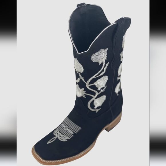 White Diamond Black Nubuck Leather White Flowers Square Toe Rodeo Boot Size 6.5 - Picture 1 of 16